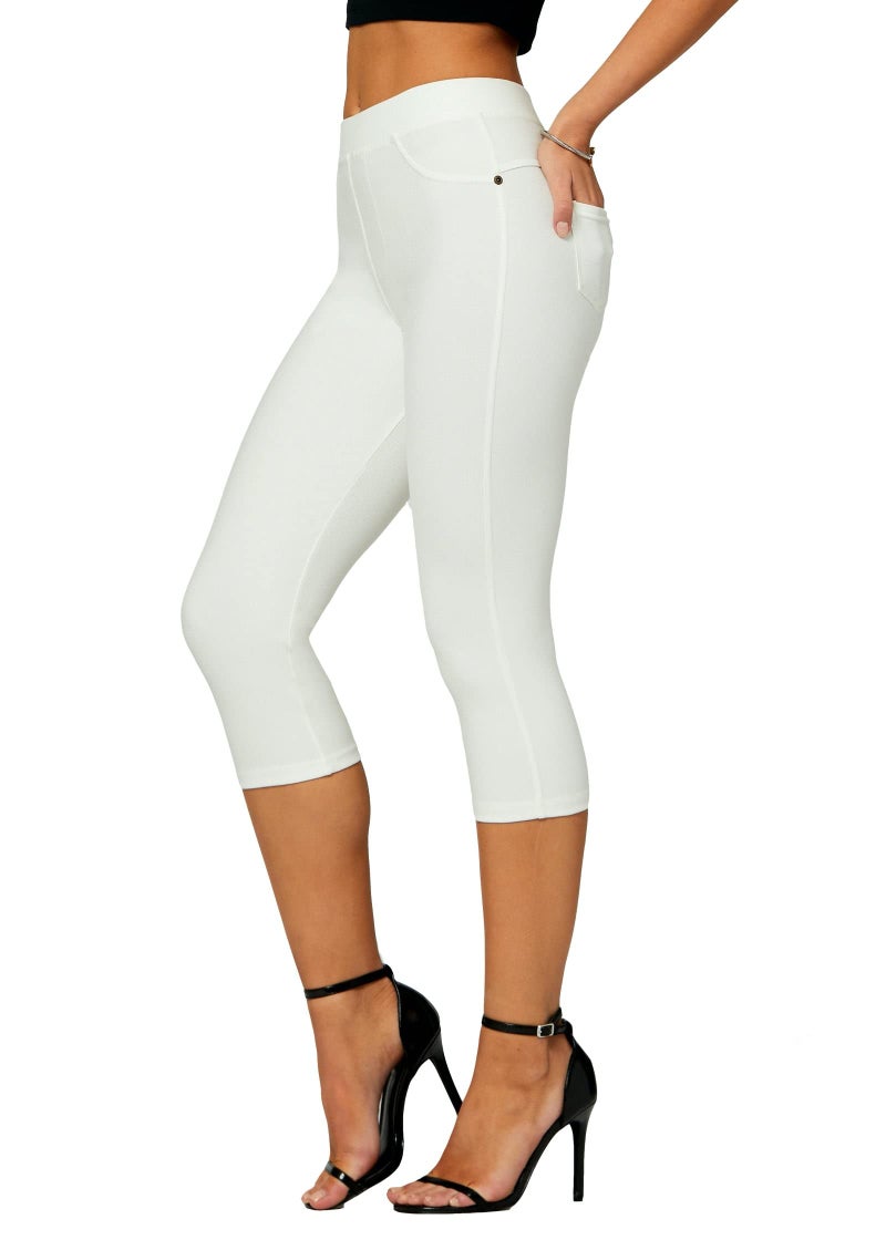 Conceited Capri Leggings - Jeggings for Women with Pockets - High Waist - Tummy Control Shaping - Regular and Plus Size - Off White - Small - Medium - Image 1